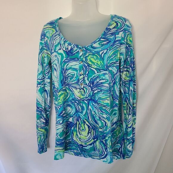 Lilly Pulitzer Tops - Lilly Pulitzer‎ Sorella Sparkling Blue Oh Shucks Oyster Prints Top Size Sm